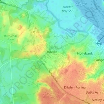 Dibden topographic map, elevation, terrain