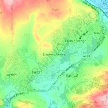 Llantwit Fardre topographic map, elevation, terrain