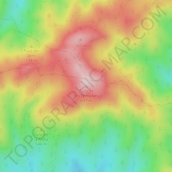Turó de les Femades topographic map, elevation, terrain