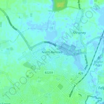 North Bersted topographic map, elevation, terrain