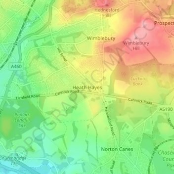 Heath Hayes topographic map, elevation, terrain