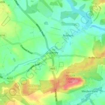 Cuckney topographic map, elevation, terrain