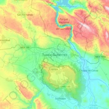 Tuxtla Gutiérrez topographic map, elevation, terrain