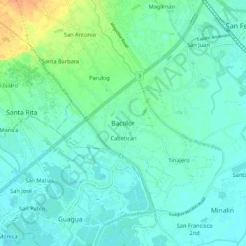 Bacolor topographic map, elevation, terrain