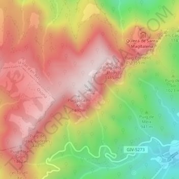 Puigsacalm topographic map, elevation, terrain