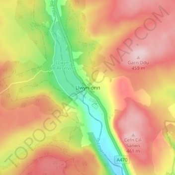 Llwyn-onn topographic map, elevation, terrain