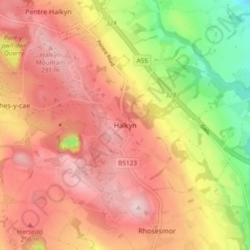 Halkyn topographic map, elevation, terrain