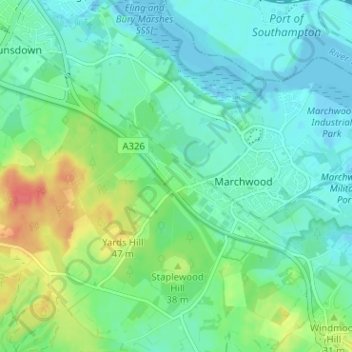 Pooksgreen topographic map, elevation, terrain