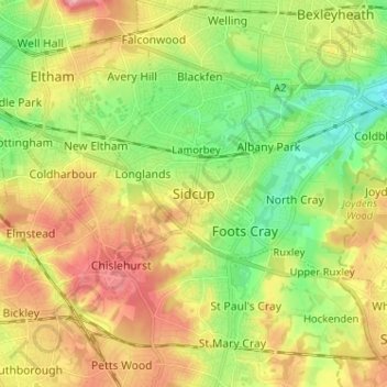 Sidcup topographic map, elevation, terrain