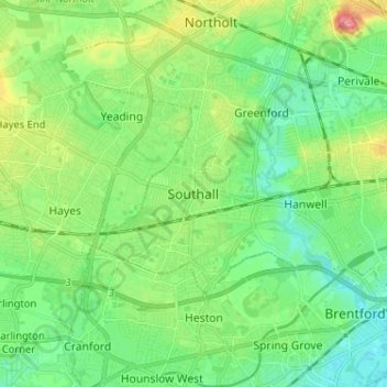 Southall topographic map, elevation, terrain