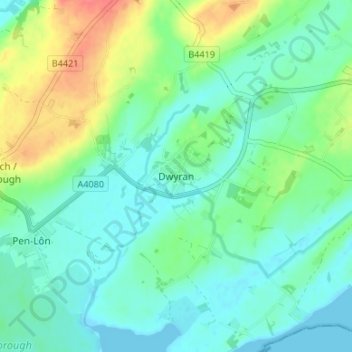 Dwyran topographic map, elevation, terrain