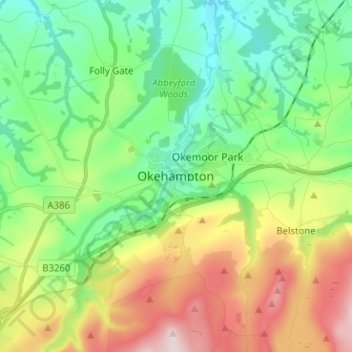 Okehampton topographic map, elevation, terrain
