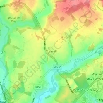 Tonwell topographic map, elevation, terrain