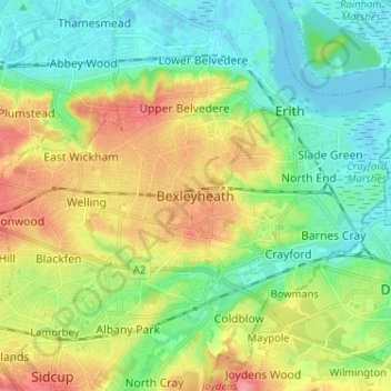 Bexleyheath topographic map, elevation, terrain