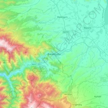 Baramulla topographic map, elevation, terrain