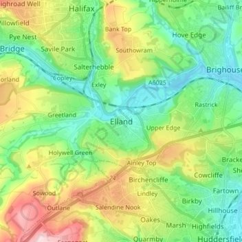 Elland topographic map, elevation, terrain