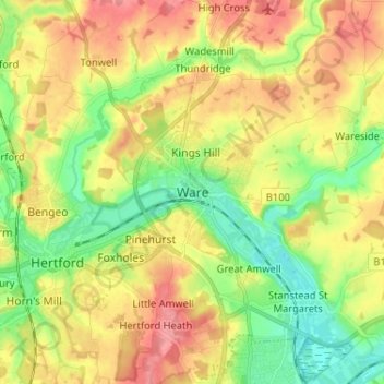 Ware topographic map, elevation, terrain