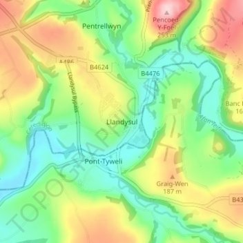Llandysul topographic map, elevation, terrain