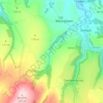 Cwmhiraeth topographic map, elevation, terrain