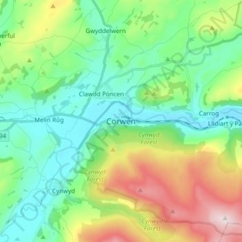 Corwen topographic map, elevation, terrain