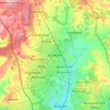 Hucknall topographic map, elevation, terrain