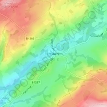 Pontyberem topographic map, elevation, terrain