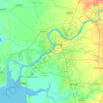 Surat topographic map, elevation, terrain