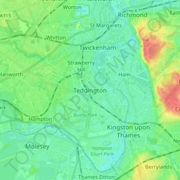 Teddington topographic map, elevation, terrain