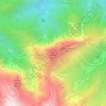 Wielki Giewont topographic map, elevation, terrain