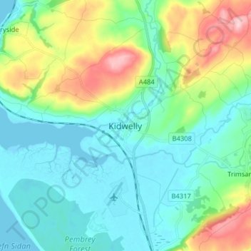 Kidwelly topographic map, elevation, terrain