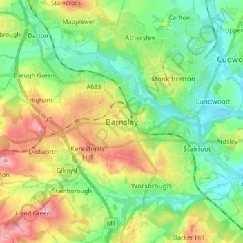 Barnsley topographic map, elevation, terrain