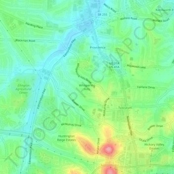 Whispering Hills topographic map, elevation, terrain