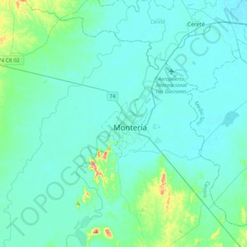 Montería topographic map, elevation, terrain