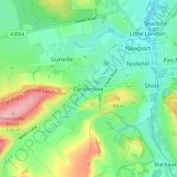 Carisbrooke topographic map, elevation, terrain