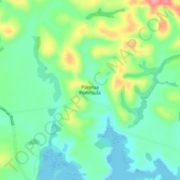 Purerua Peninsula topographic map, elevation, terrain