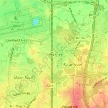 Tinsley Green topographic map, elevation, terrain