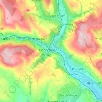 Pontypridd topographic map, elevation, terrain