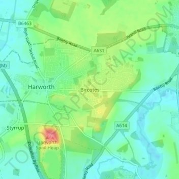 Bircotes topographic map, elevation, terrain