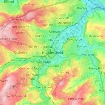 Huddersfield topographic map, elevation, terrain