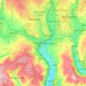 Ystrad Mynach topographic map, elevation, terrain