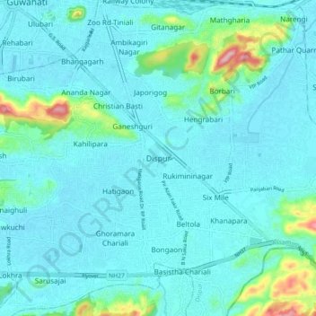 Dispur topographic map, elevation, terrain