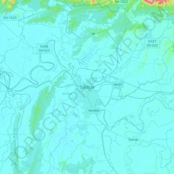 Silchar topographic map, elevation, terrain