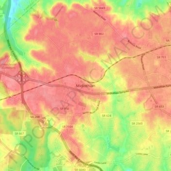 Midlothian topographic map, elevation, terrain