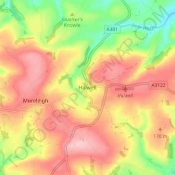 Halwell topographic map, elevation, terrain