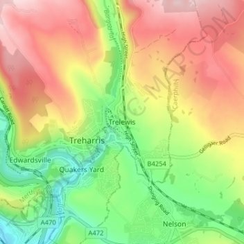 Trelewis topographic map, elevation, terrain
