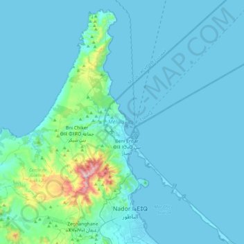 Melilla topographic map, elevation, terrain