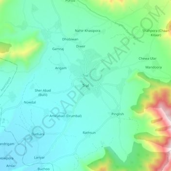 Tral topographic map, elevation, terrain
