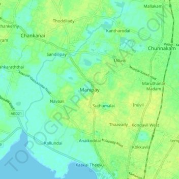 Manipay topographic map, elevation, terrain