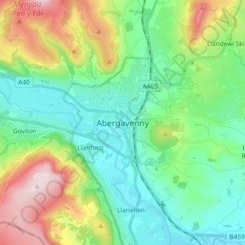 Abergavenny topographic map, elevation, terrain