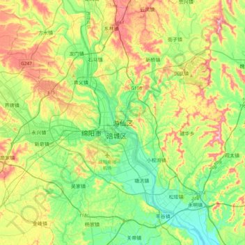 游仙区 topographic map, elevation, terrain